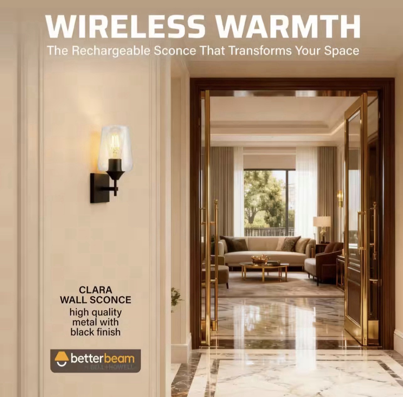 BETTERBEAM Clara 10.8 in 1-Light Matte Black Rechargeable Wall Sconce 24589