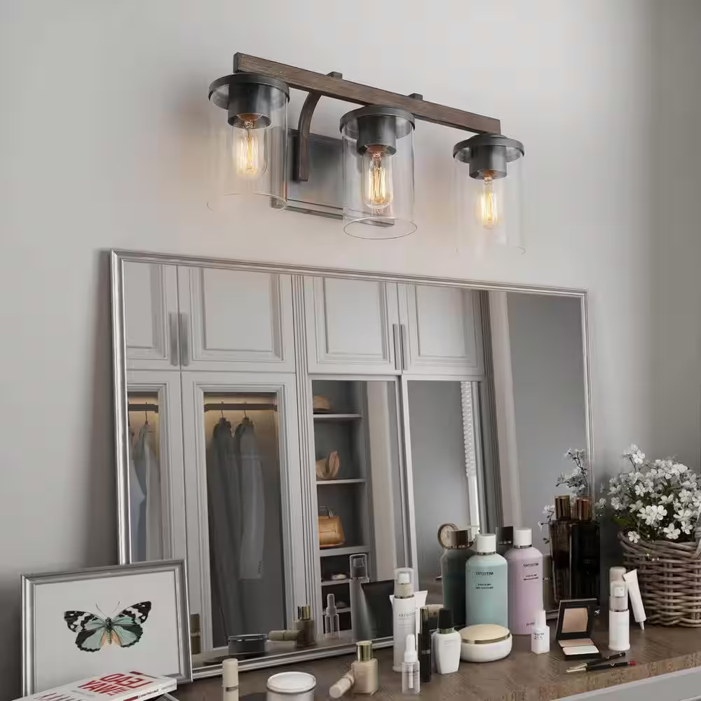 LNC A03409 20in 3-Light Farmhouse Vanity Light Rust Black Faux Wood Clear Glass
