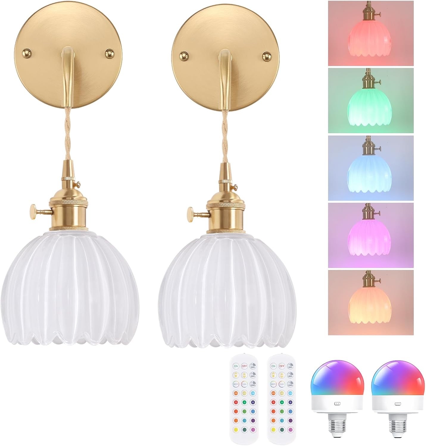Battery Operated Wall Sconce w White Tulip Shade Pattern Glass Set of 2