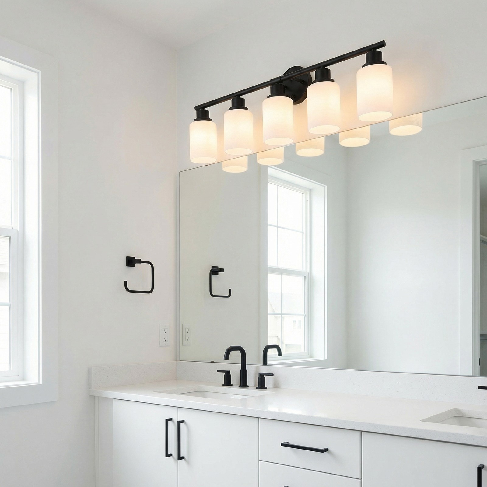 32 inch Black Glass Shade Vanity Light 5-Lights Wall Fixture Bathroom Mirror LED
