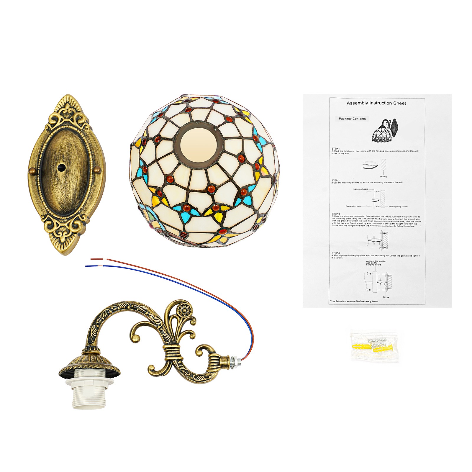 220V Wall Mount Lamp Baroque Wall Sconce Stained Glass Light Art Decor Fixture