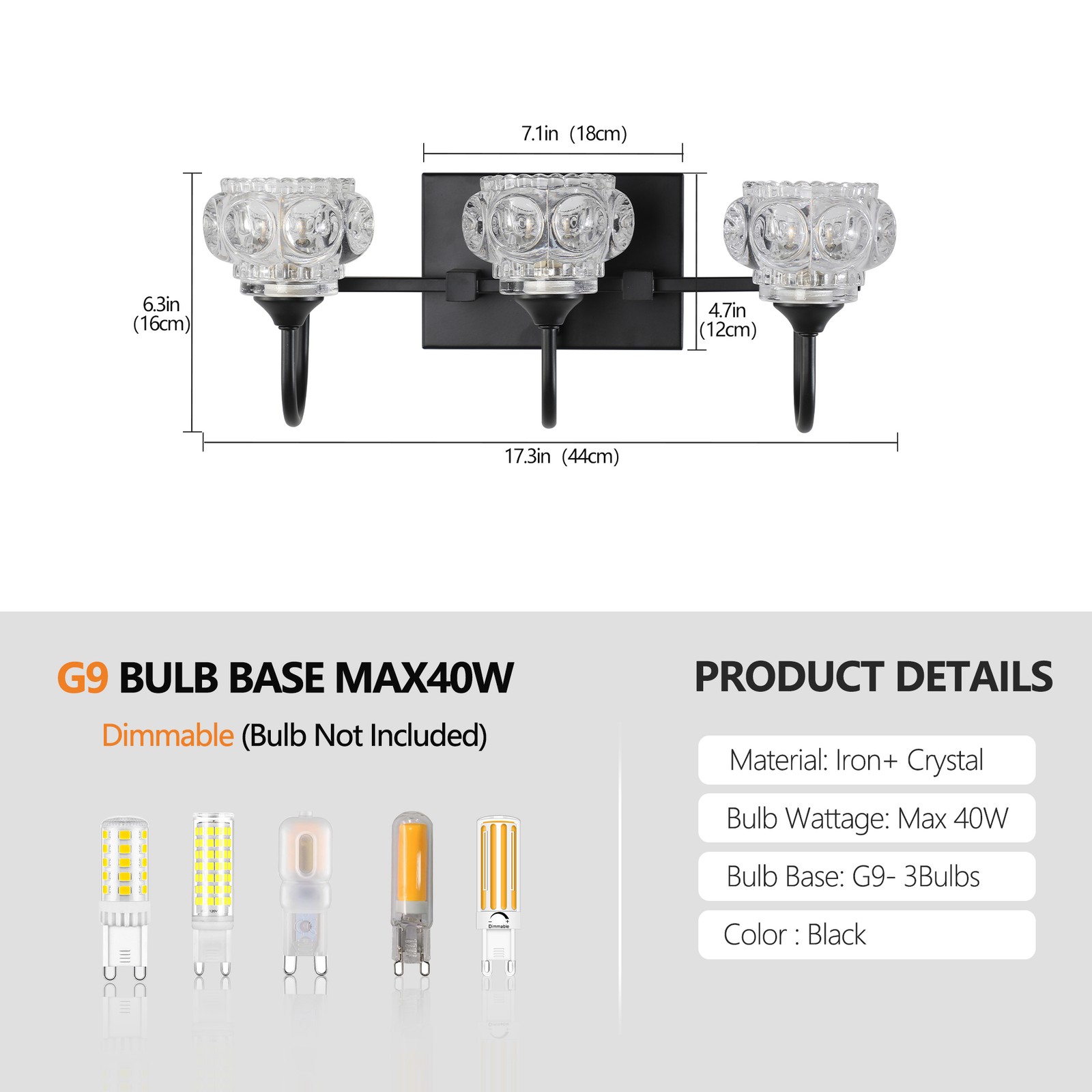 17″ Vanity Light 3 Lights Crystal Wall Lamp Bathroom Mirror Sconce Fixture Black