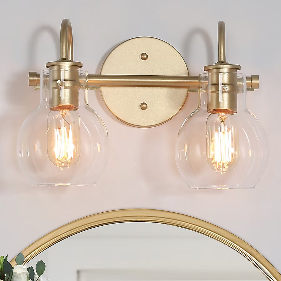 LNC Modern 13 in 2-Light Matte Gold Bathroom Vanity Light w/ Clear Glass Globe