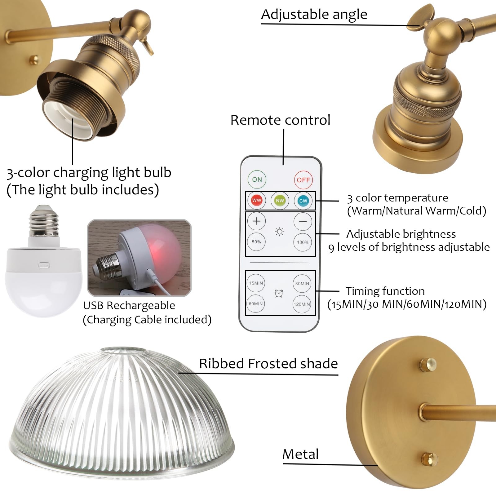 Pathson Battery Operated Wireless Wall Sconce, Rechargeable Modern Wall Vanit…
