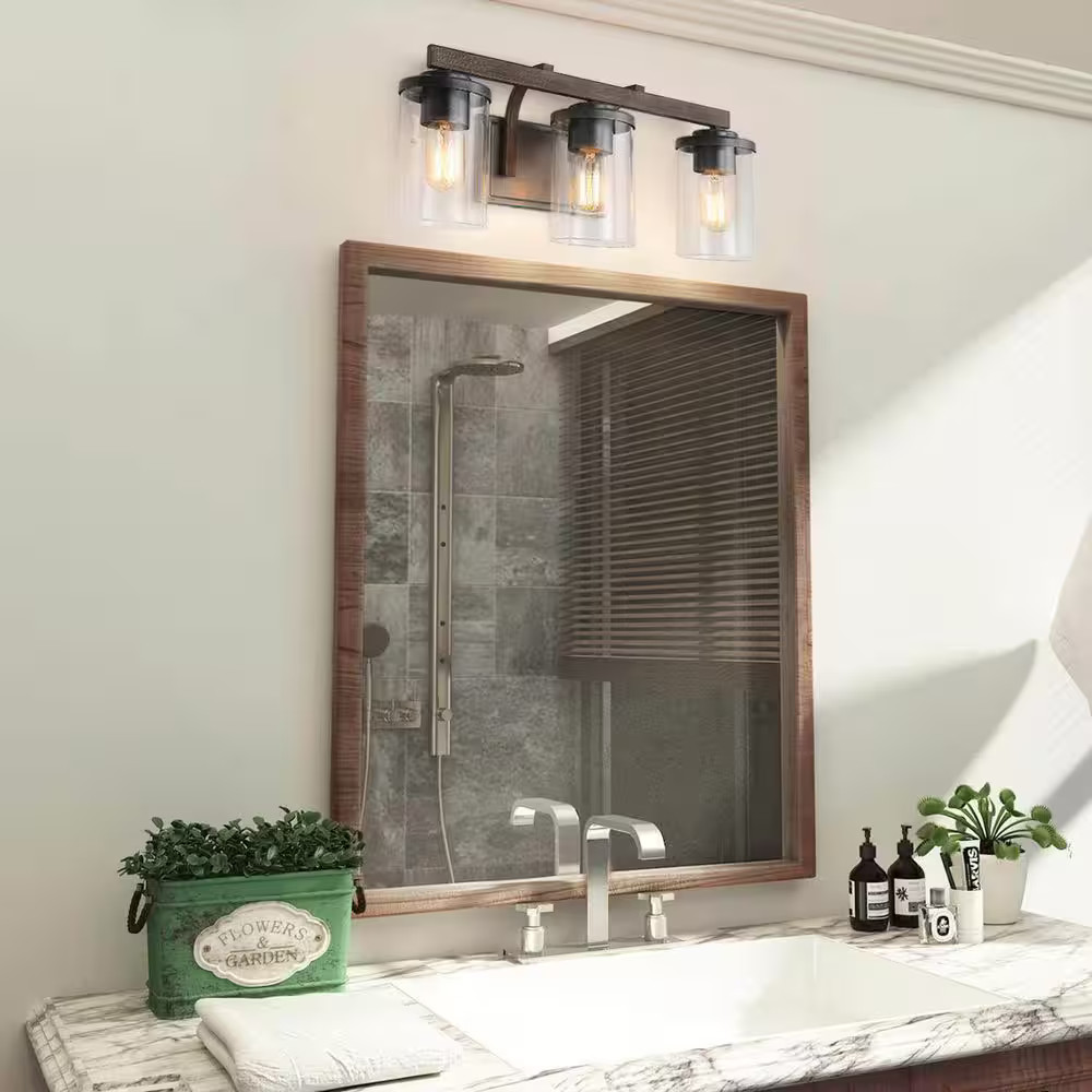 LNC A03409 20in 3-Light Farmhouse Vanity Light Rust Black Faux Wood Clear Glass