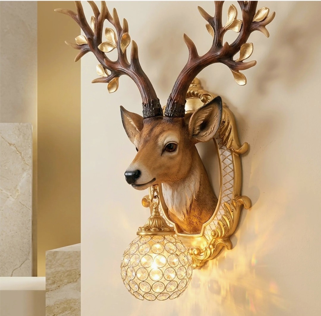 Luxury Deer Head Crystal Globe Wall Sconce Light – Vintage Decorative Resin Wall