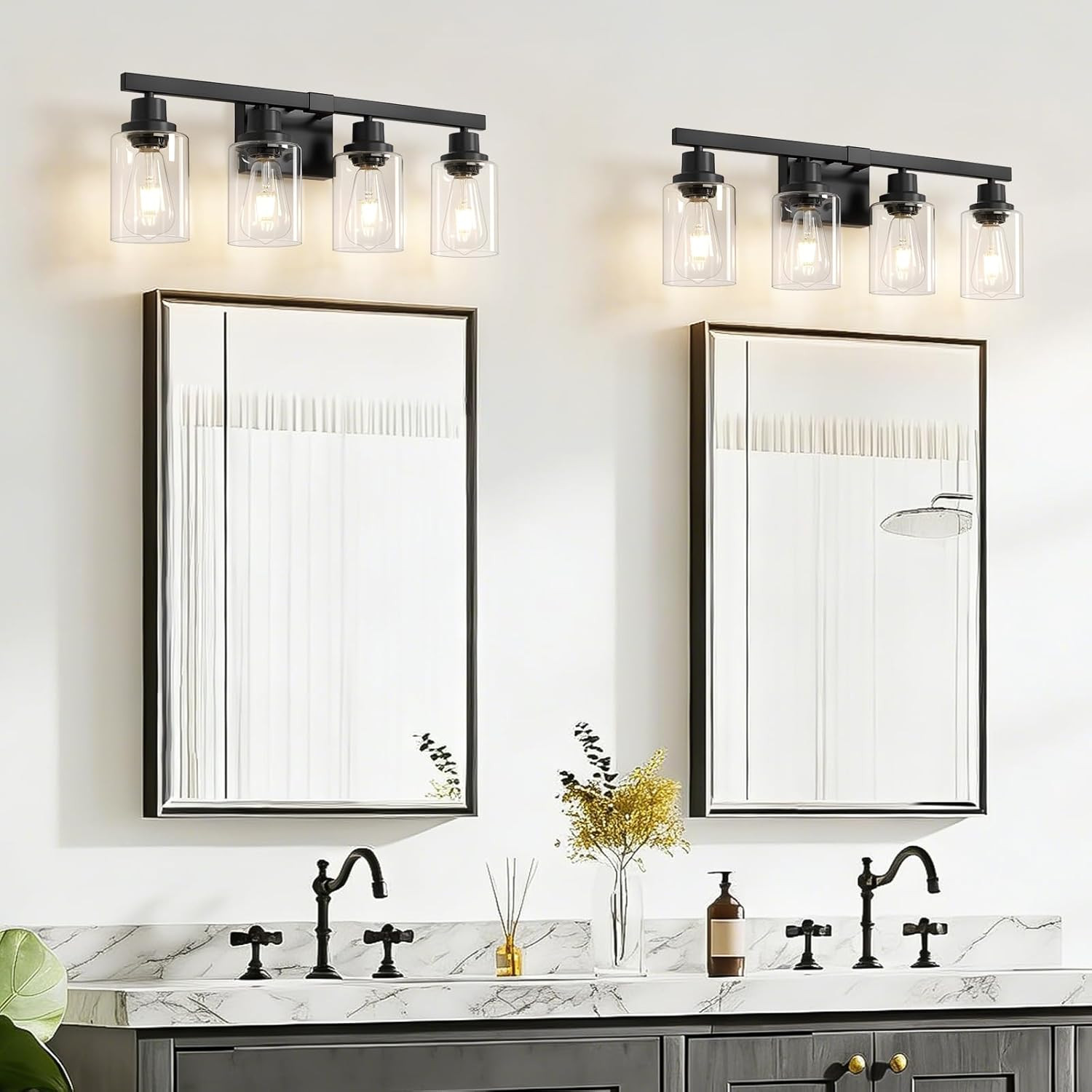 Matte Black 4-Light Vanity Light with Clear Glass Shade for Bathroom