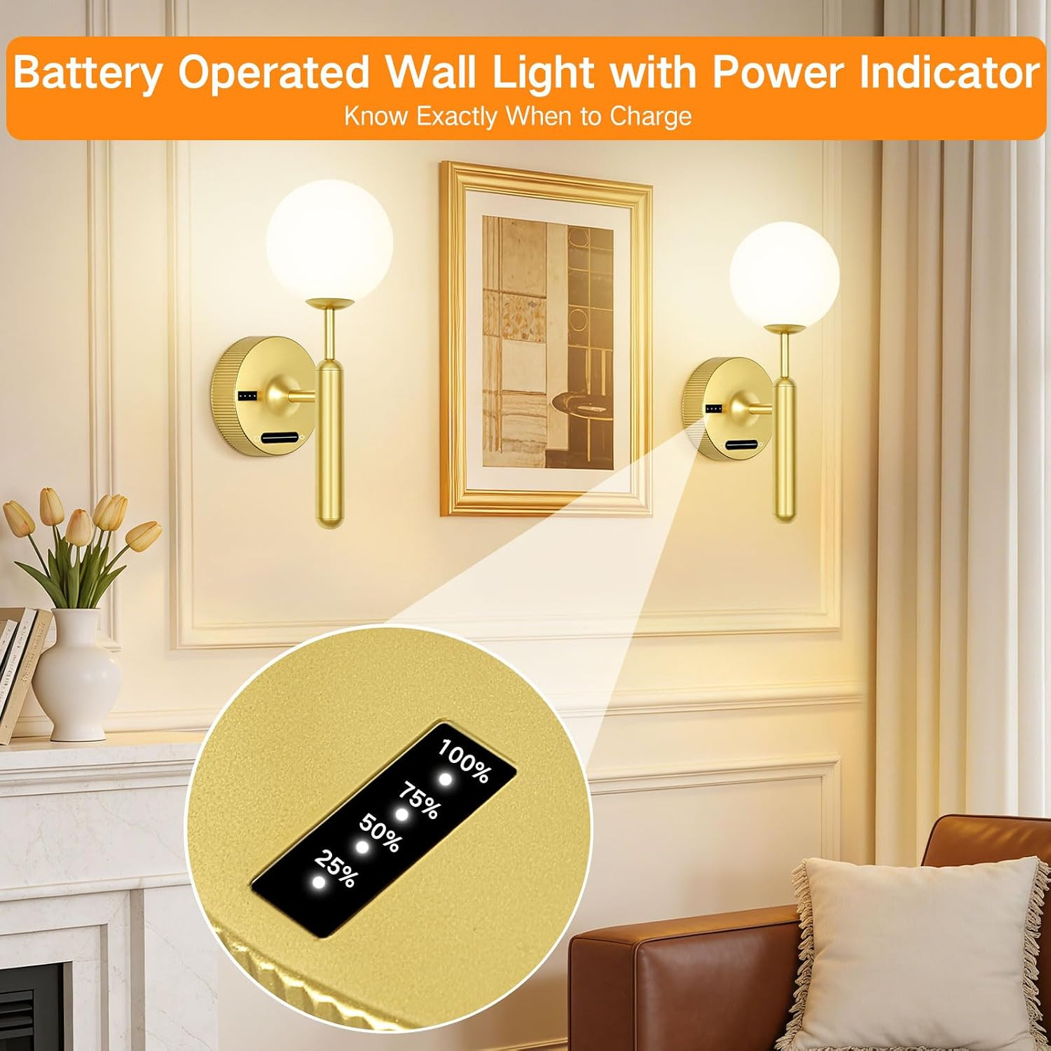 Gold Wireless Wall Sconce with Remote, Dimmable & Rechargeable 8000mAh Battery