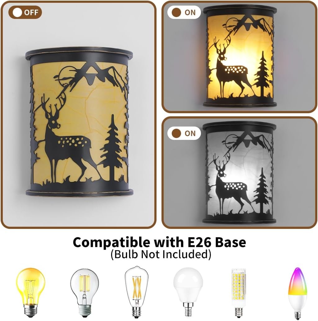 Rustic Deer Wall Sconces Set of 2 – Farmhouse Plug-In Light Fixtures