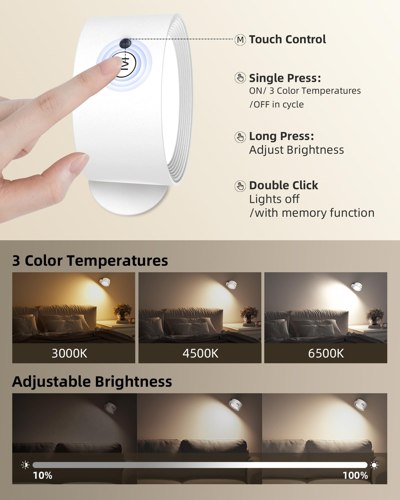3 PCS LED Wall Mounted Lights Rechargeable Sconce Remote Touch White 360