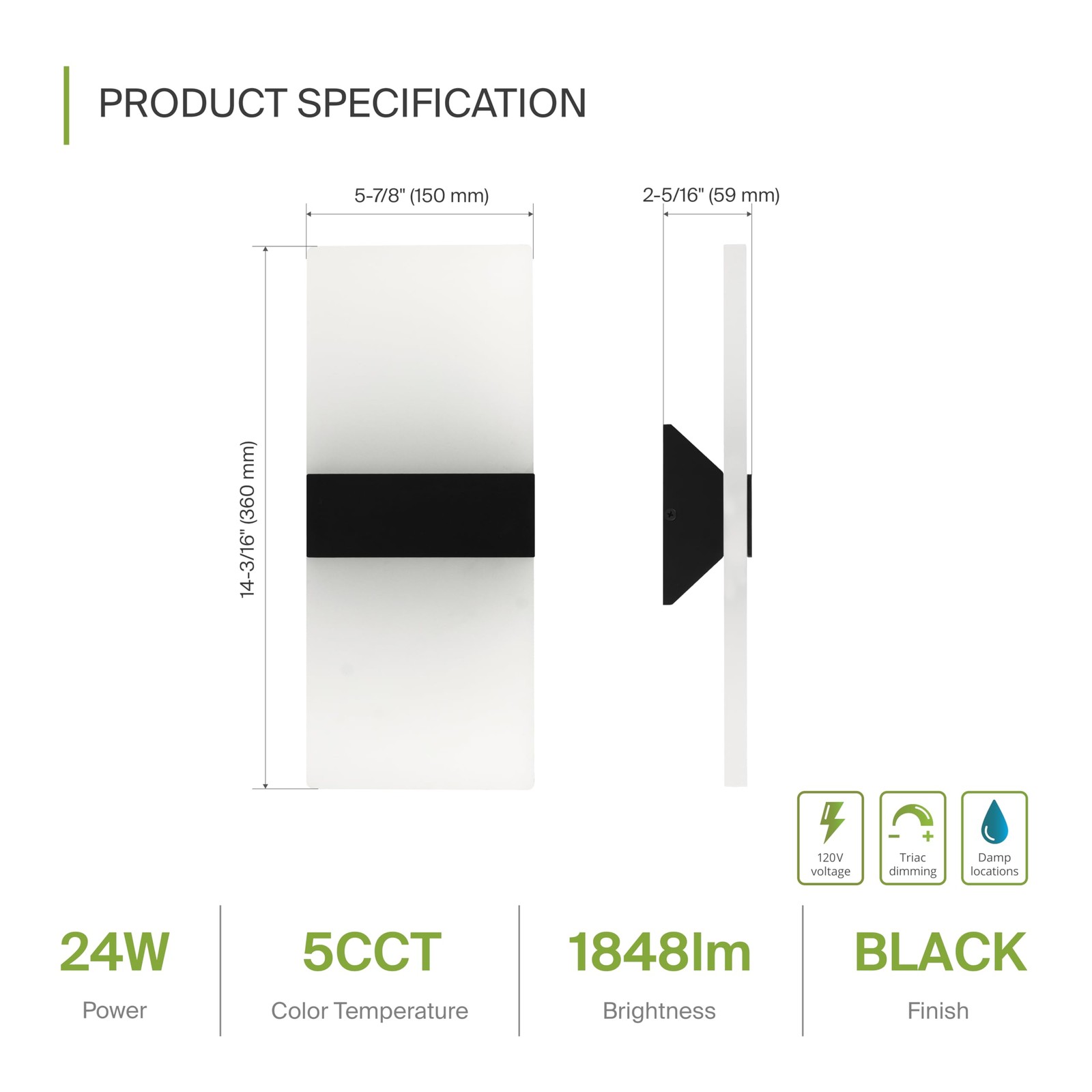 14 Inch Indoor Wall Sconce – 24W 2700K-5000K Dimmable Black Wall Sconce Light…