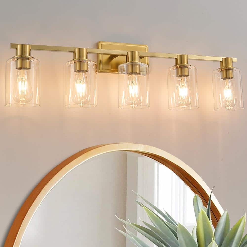 Deyidn 35 in. 5-Light Gold Modern Industrial Vanity Light w/ Clear Shades