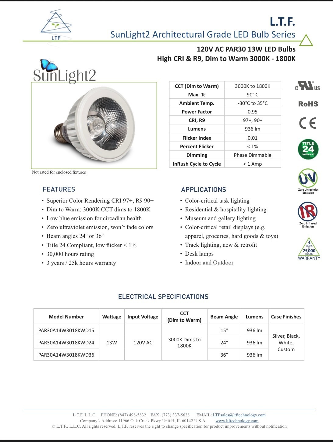 Sunlight2 PAR30 LED Bulb 14W | 120V AC | 3000K to 1800K Dim to Warm | CRI 94