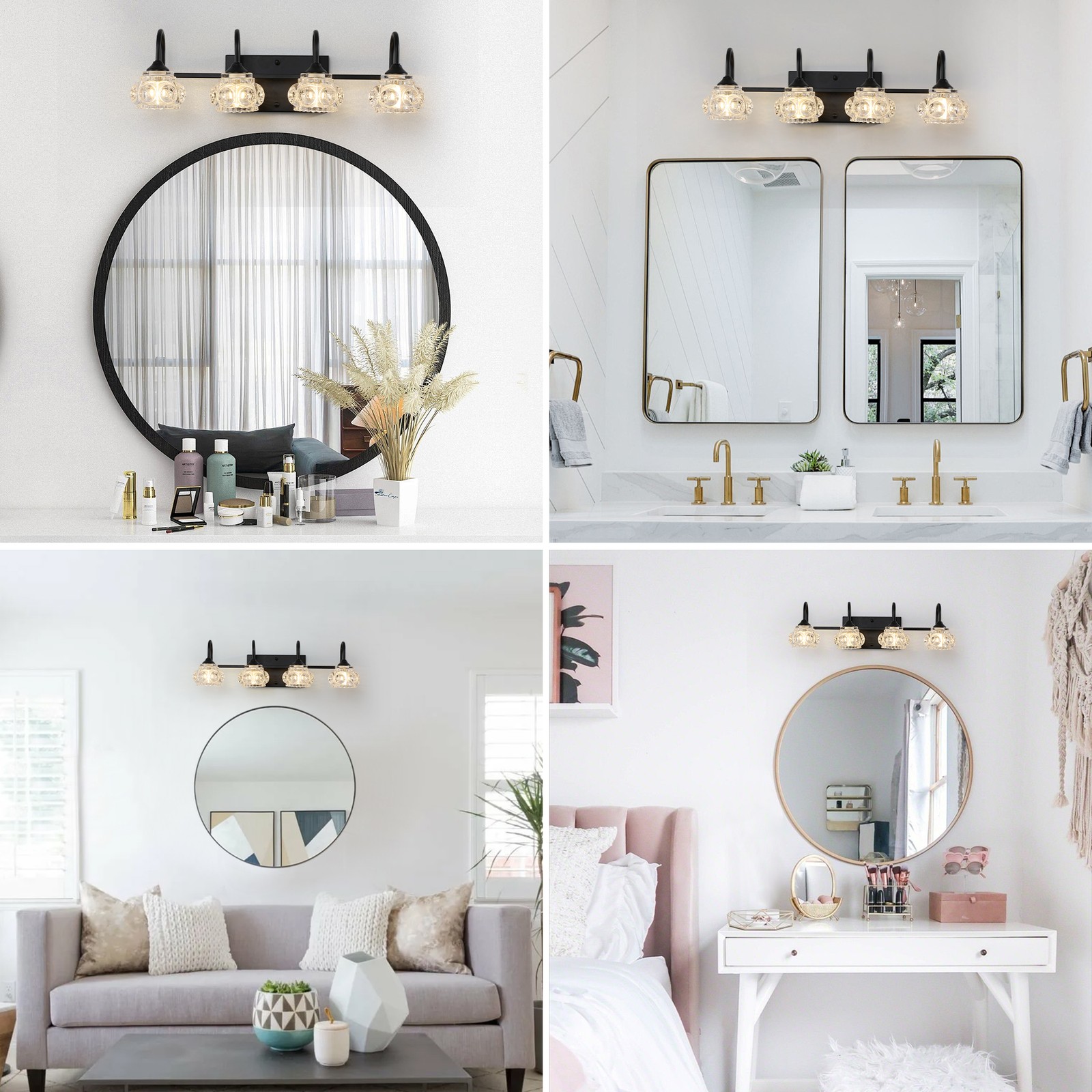23″ Vanity Light 4 Lights Modern Bathroom Mirror Crystal Wall Lamp Fixture Black