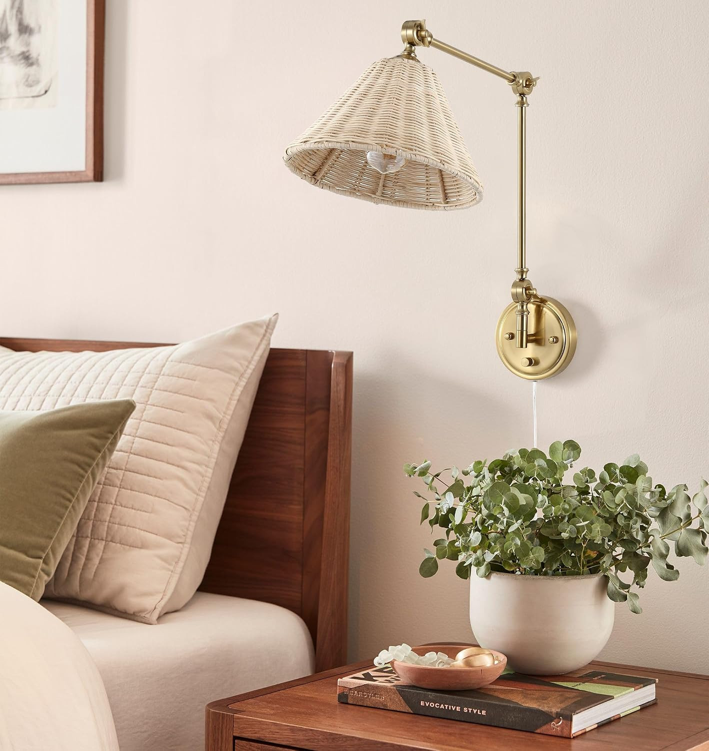 Vintage Rattan Wall Sconce with Adjustable Arm – 2 Pack Brass Reading Lights