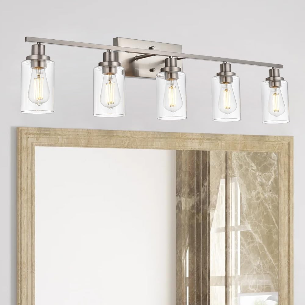 MELUCEE 5-Light Bathroom Vanity Light Brushed Nickel Clear Glass B07ZKHL9LT
