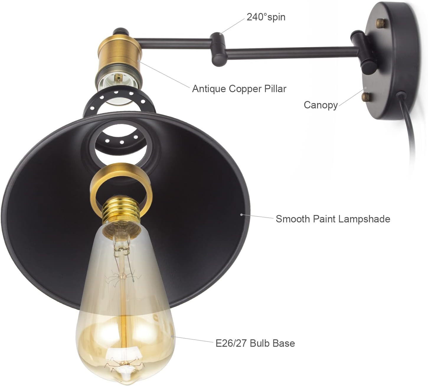 Swing Arm Wall Lamp Plug-In Cord Industrial Wall Sconce, Bronze and Black Finish