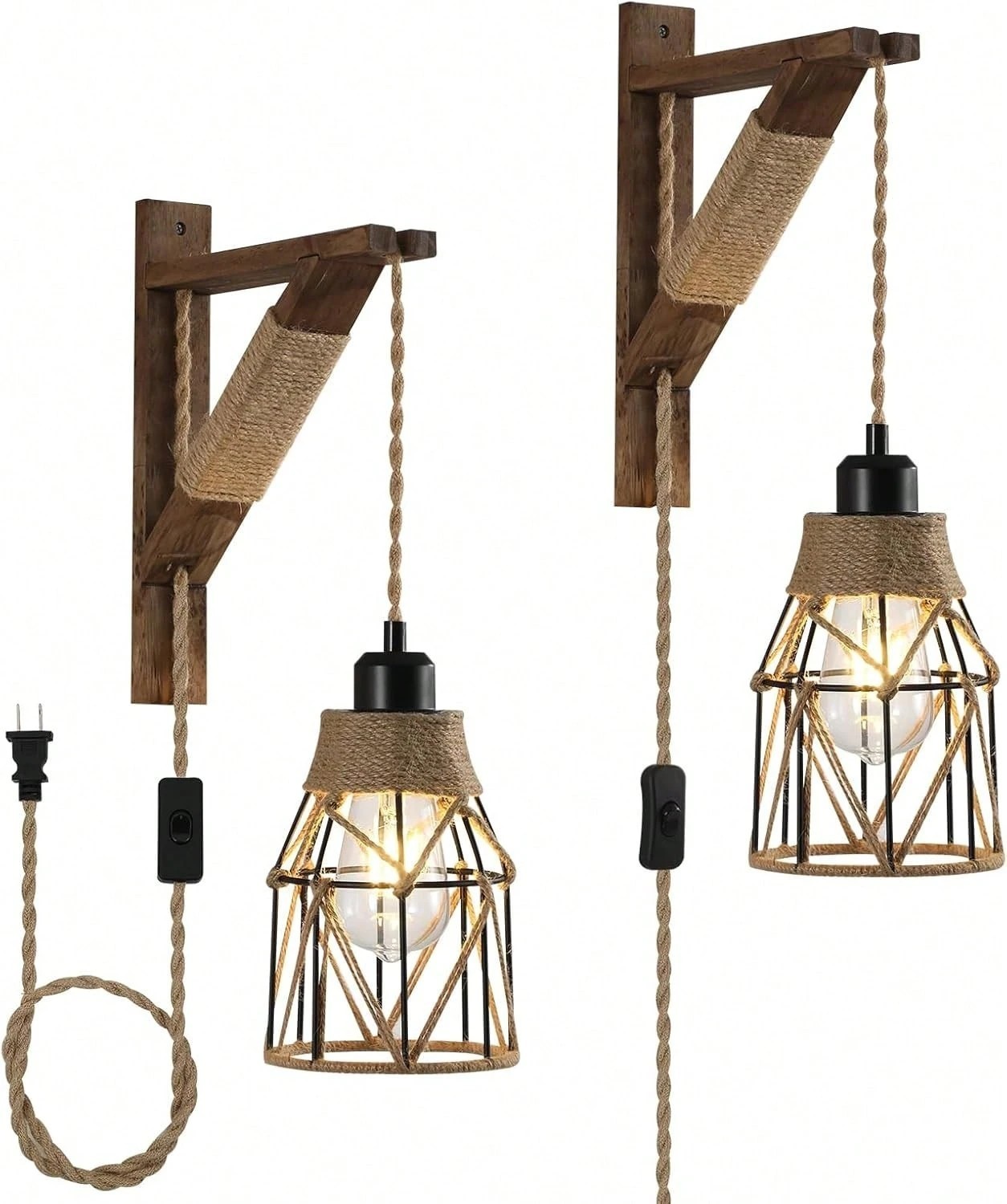 Rustic Metal Cage Wall Sconce Set 2 Farmhouse Wood Plug In Hanging Bedroom Lamps