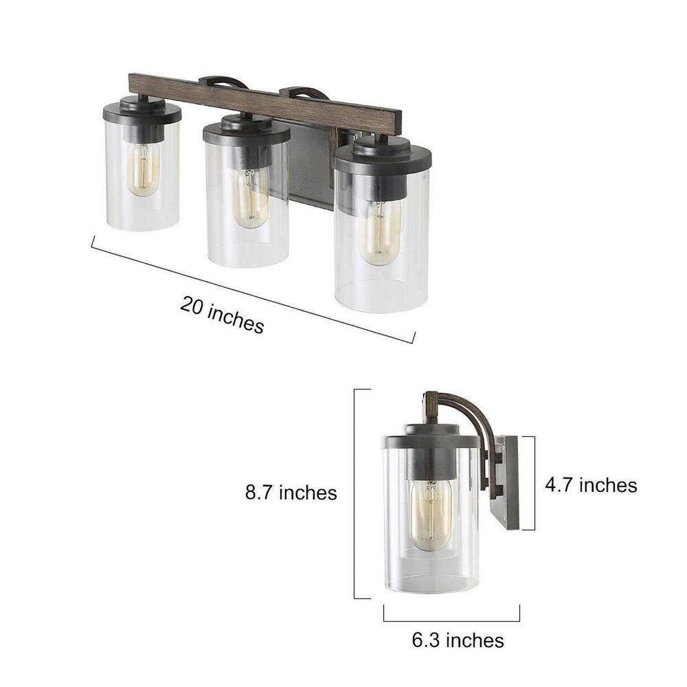 LNC A03409 20in 3-Light Farmhouse Vanity Light Rust Black Faux Wood Clear Glass