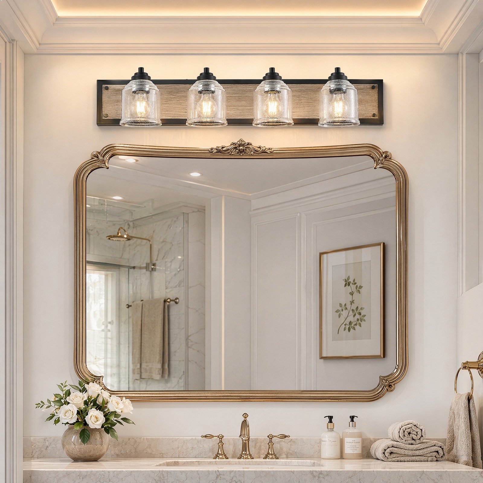 32» Black Vanity 4 Light LED Wood Grain Bathroom Mirror Wall Sconce Fixture
