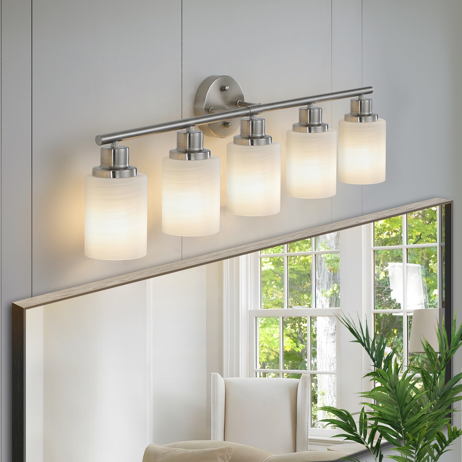 5 Lights Silver Vanity Light Wall Sconce LED Milky White Shade Bathroom Fixtures
