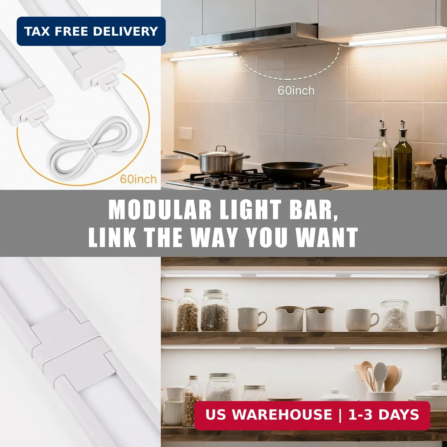 3 Pack Plug in Under Cabinet Lighting for Kitchen, 6500k Bright Under Counter Li