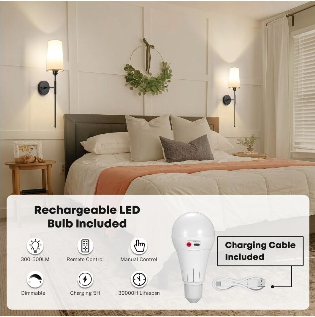 Battery Operated Wall Sconces with Remote Set of 2 Rechargeable Wall Light Black