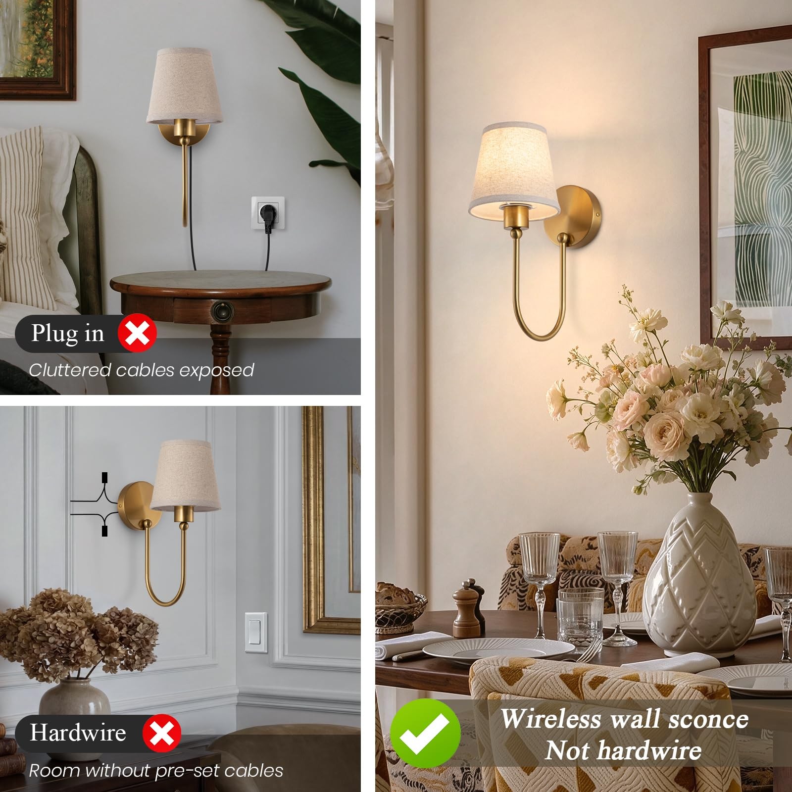 Nsleaiy Battery Operated Wall Sconces, Rattan Sconce Gold