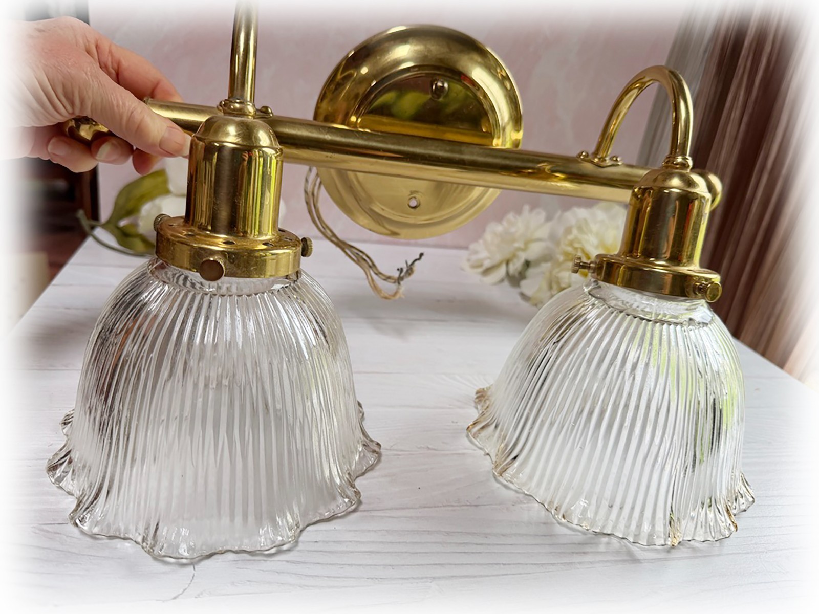 Vtg Bathroom Light Fixture Brass Vanity Light w Glass Shade H A FRAMBURG & CO