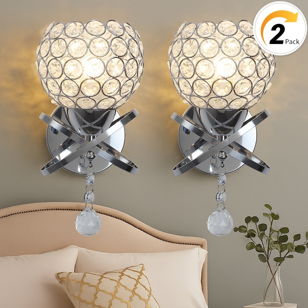 2-Pack Silver Crystal Wall Sconce, Modern E26 Hardwired Wall Light w/ Bulbs