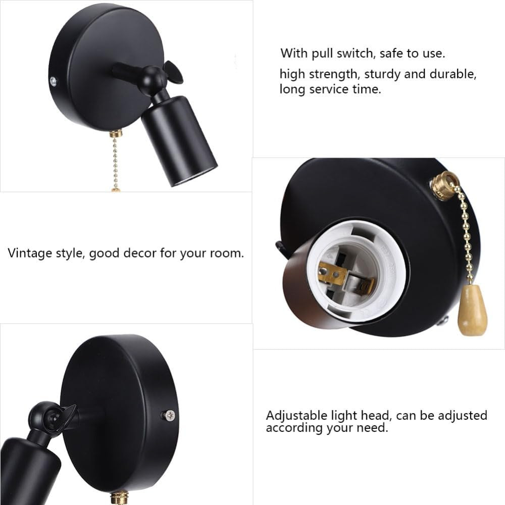 Adjustable Black Wall Lamp with Pull Chain for Bedroom and Office, Bulb Not Incl