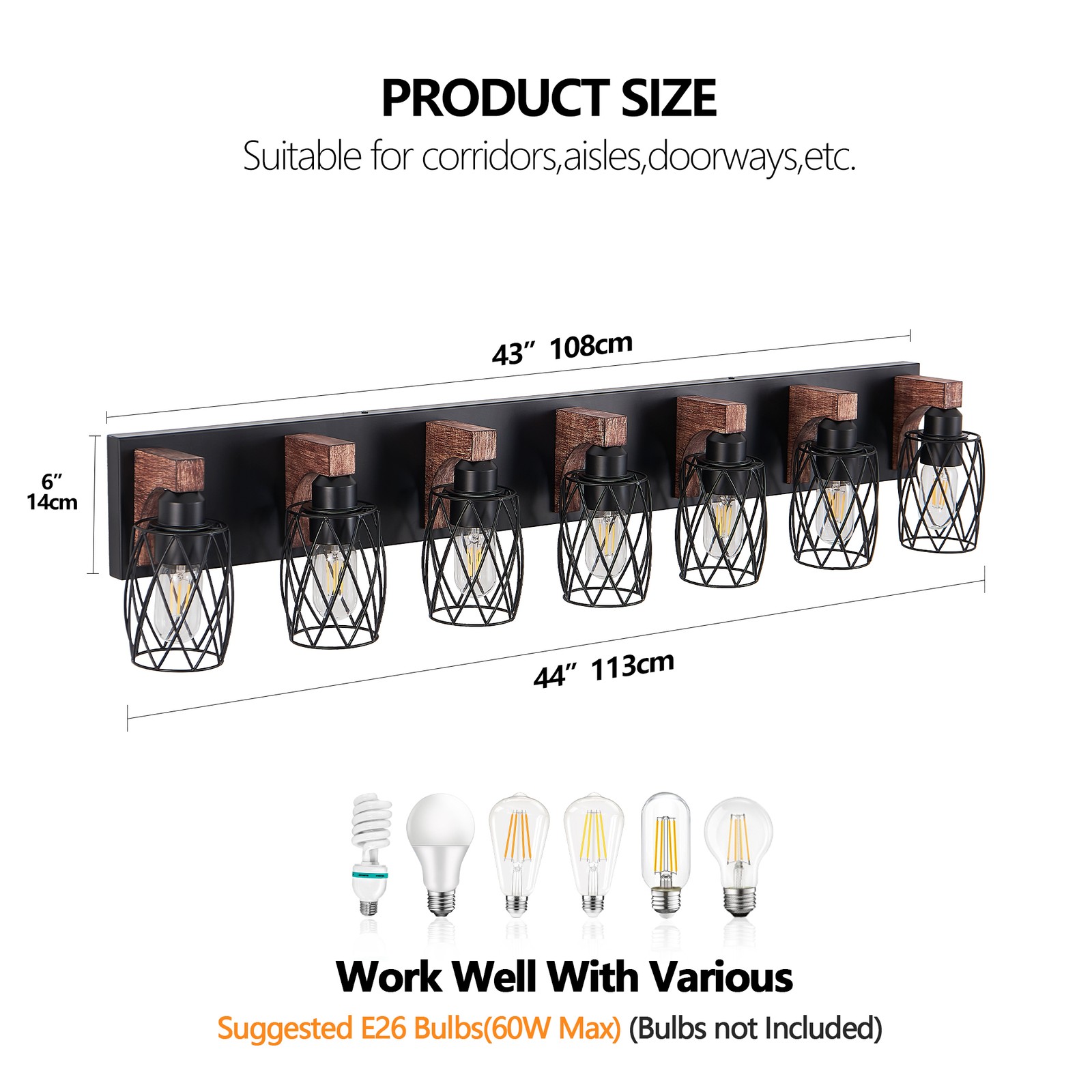 44» Vanity 7 Light LED Metal Shade Bathroom Mirror Wall Sconce Black Fixture