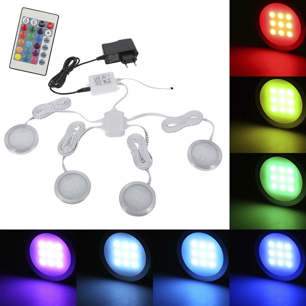 4PCS Slim Round Shape RGB LED Under Cabinet Light Kit SMD5050 Puck Lamp Col HESA