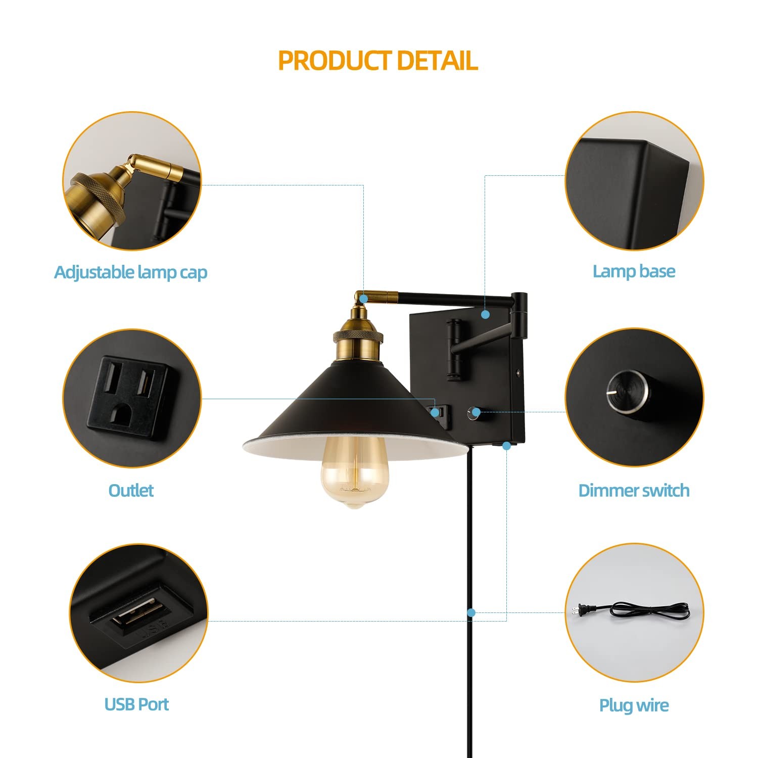 Bedside Wall Mount Light with Dimmable Switch and Outlet, Swing Arm Metal Sha…