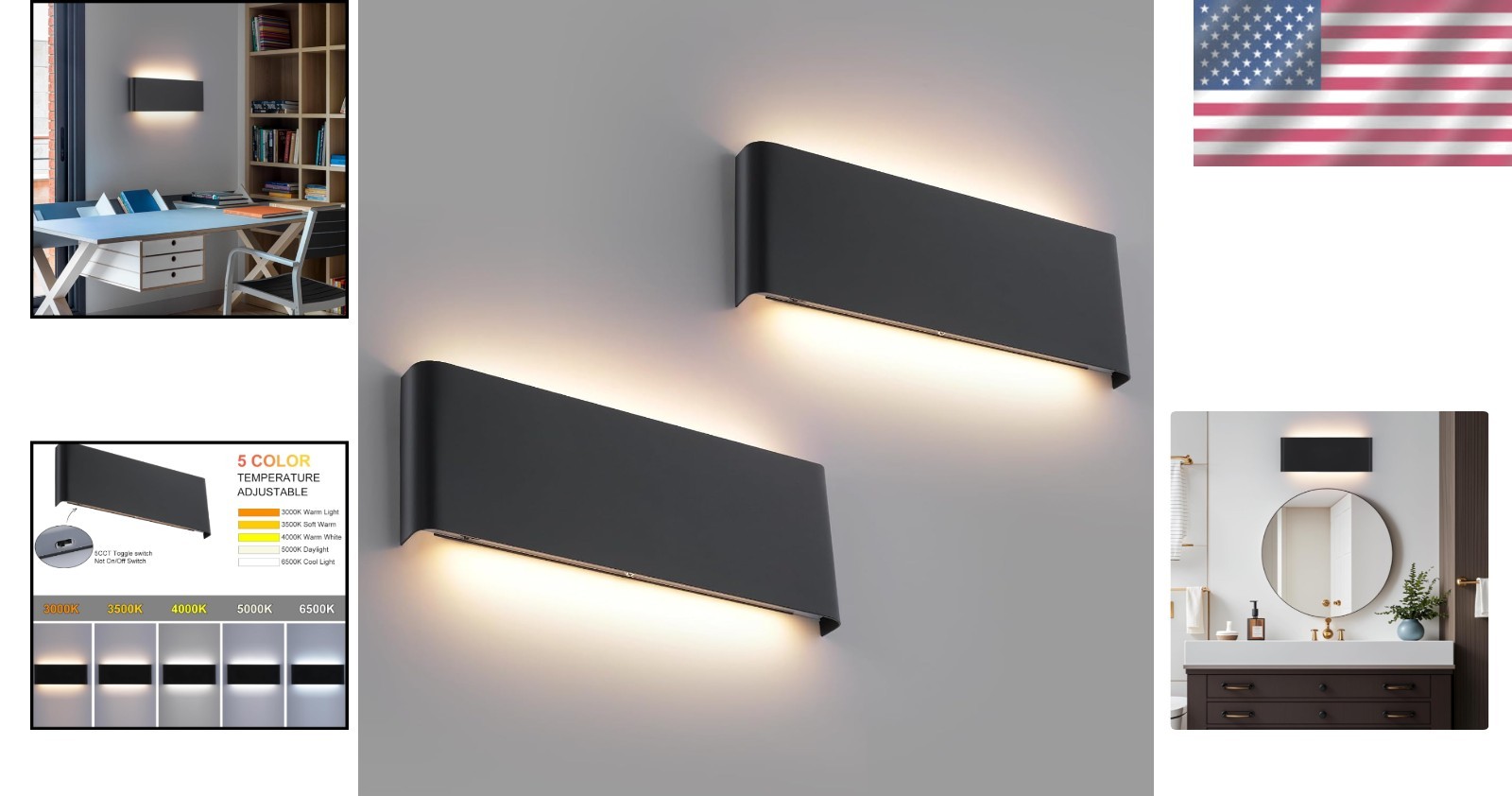 5 CCT (3000K-6500K) Adjustable Dimmable Wall Lamp 24W Modern Black LED Vanity Li