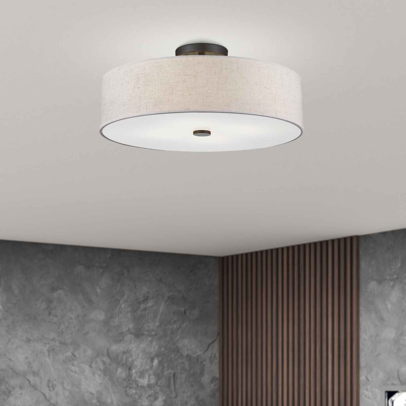 Elevate any room with this semi-flush mount & oatmeal fabric drum shade.