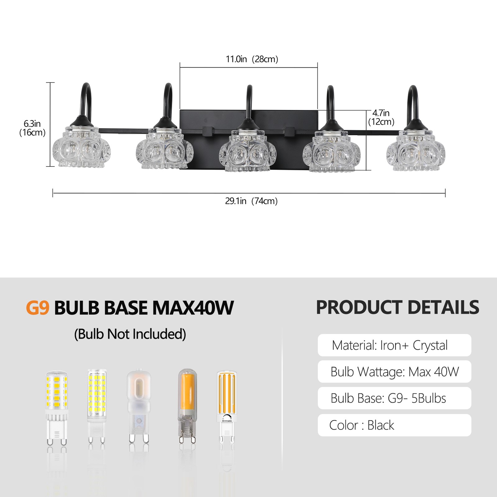 29» Vanity Light 5 Lights with Crystal Shade Black Bathroom Mirror Wall Fixture