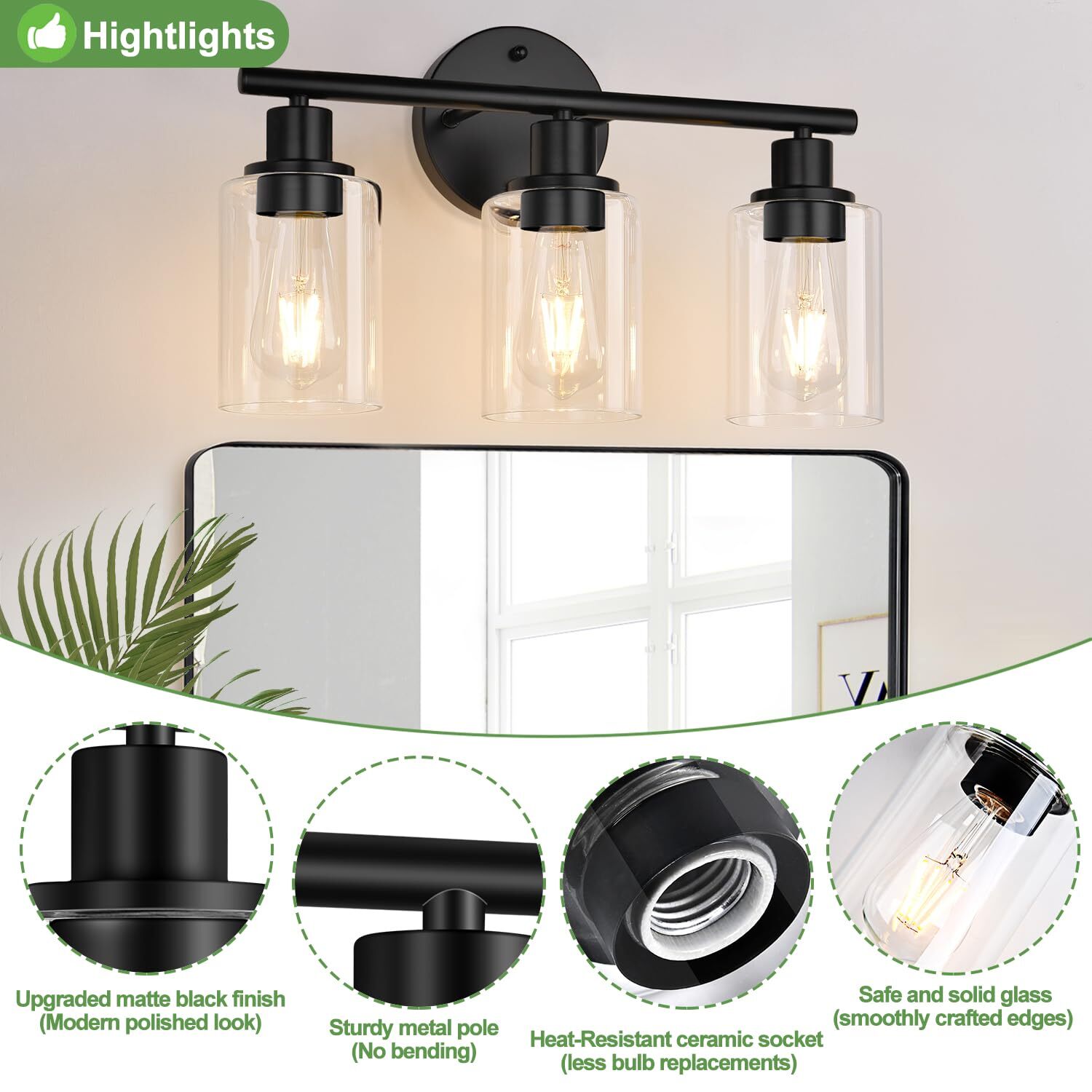 Black 3-Light Bathroom Fixture with Clear Glass Shades for Modern Decor