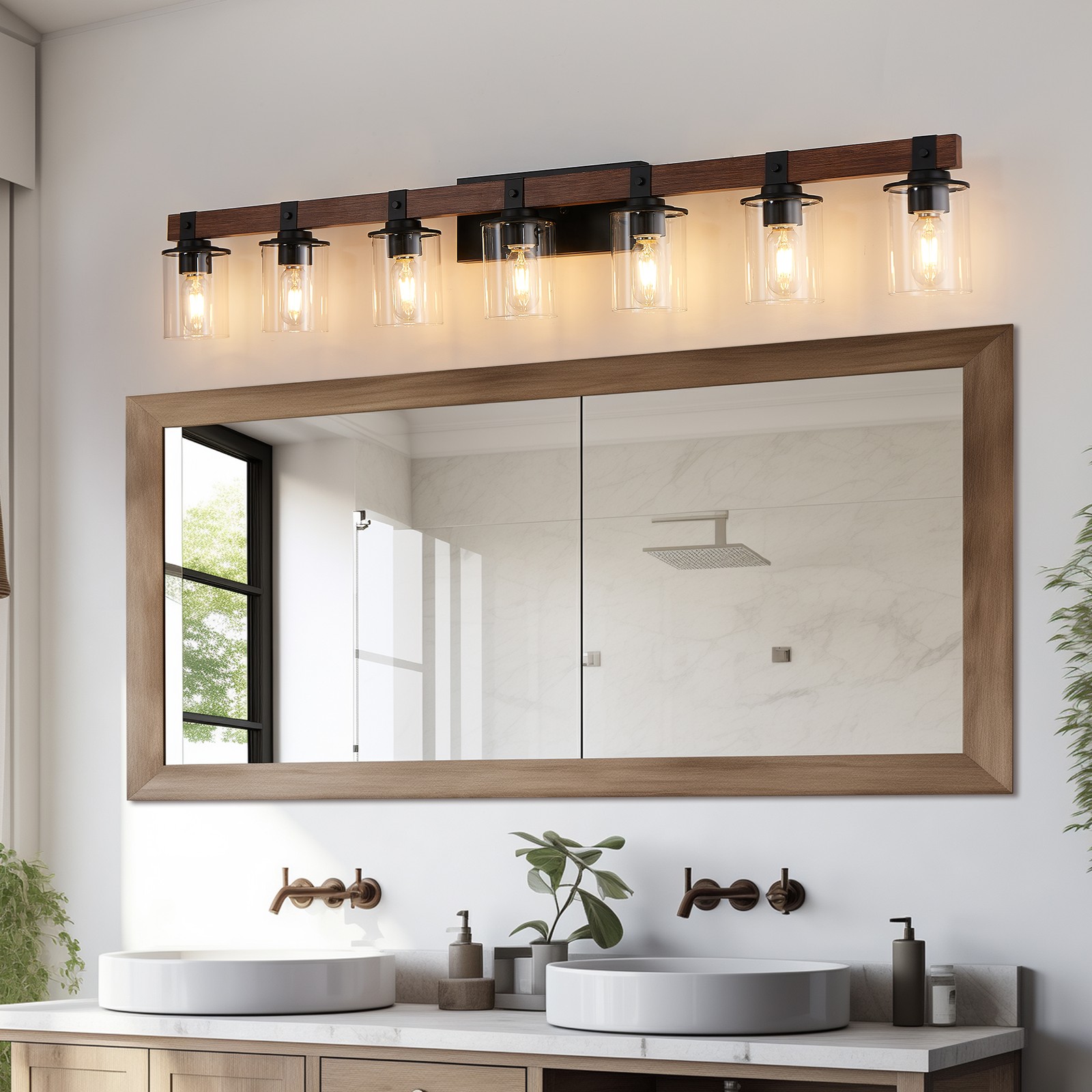 Vanity Light 7 Lights 50» Farmhouse Wood Black for Bathroom Mirror Wall Fixture