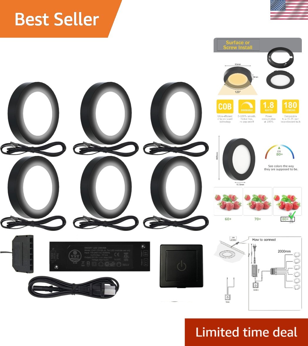 Energy Efficient 6 Pack Under Cabinet Puck Lights with Recessed or Surface Mount
