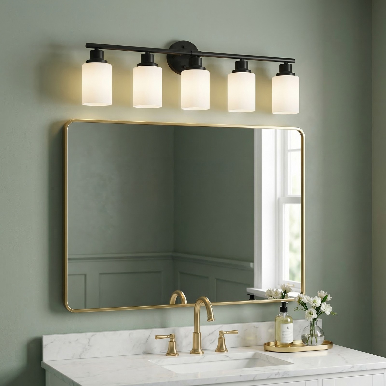 Vanity Light 32 inch Black Glass Shade 5-Lights Wall Fixture Bathroom Mirror LED