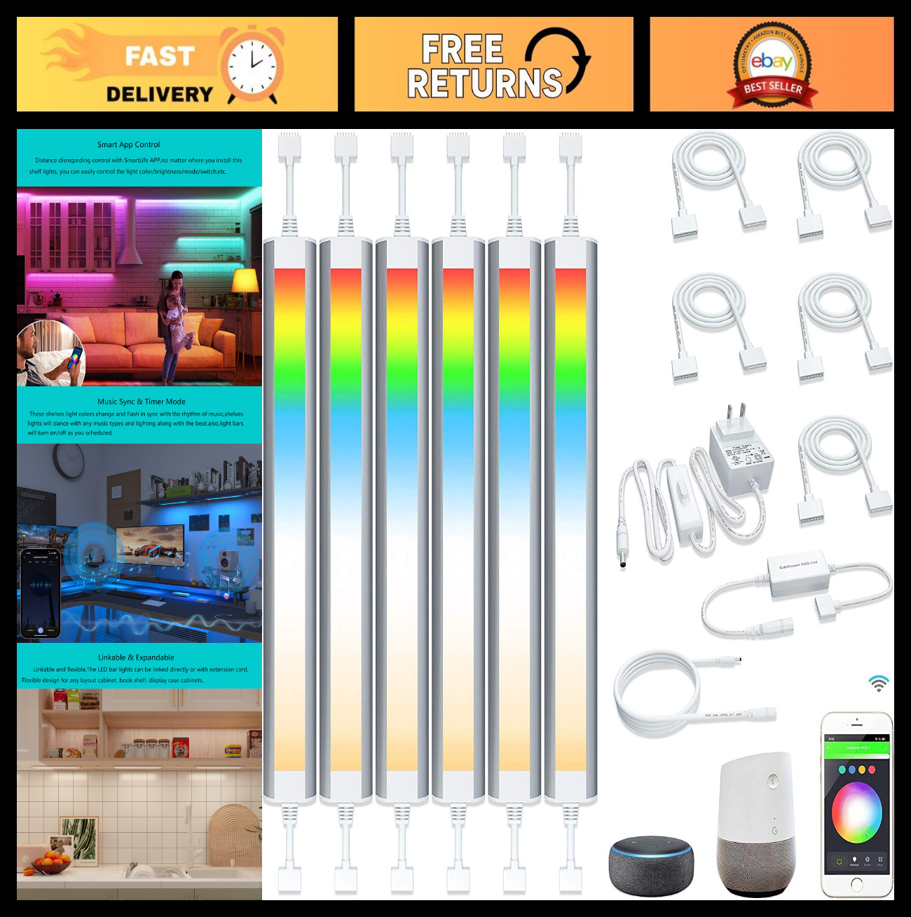Dimmable Smart Under Cabinet LED Strip Lights, RGB Color Changing, Alexa & Googl