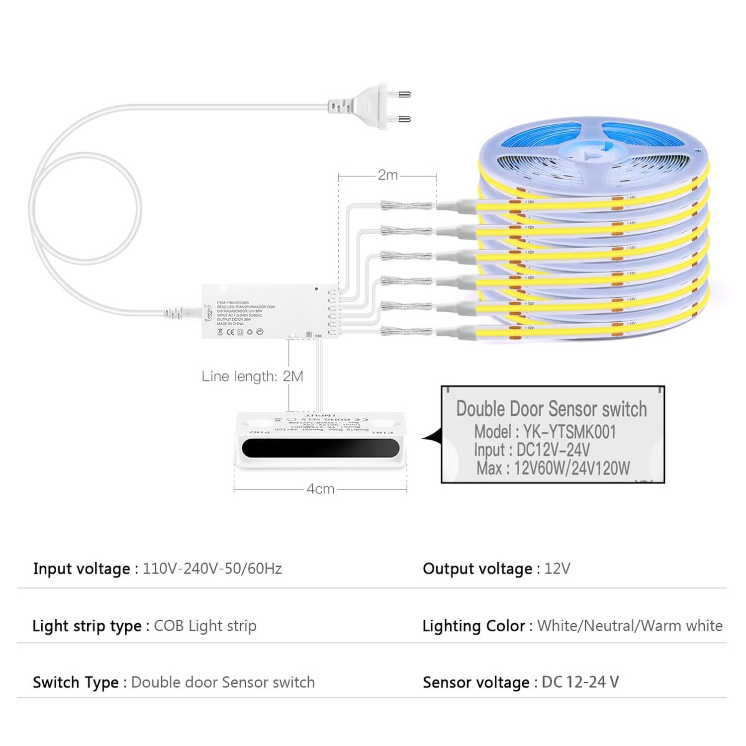 AIMENGTE Cabinet Light 12V 6-in-1 COB LED Strip Light with Dual-Door Sensor S…