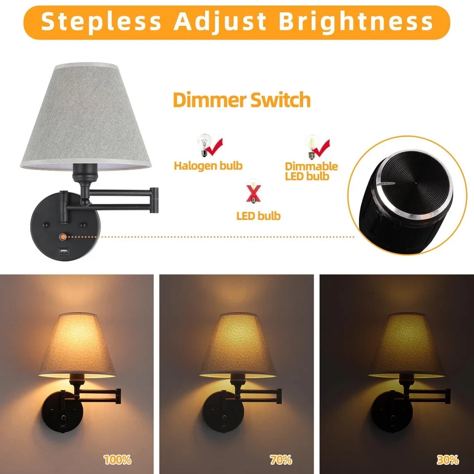 Swing Arm Wall Lamp.Wall Mount lamp with Dimmable Switch.Plug in Wall Sconces