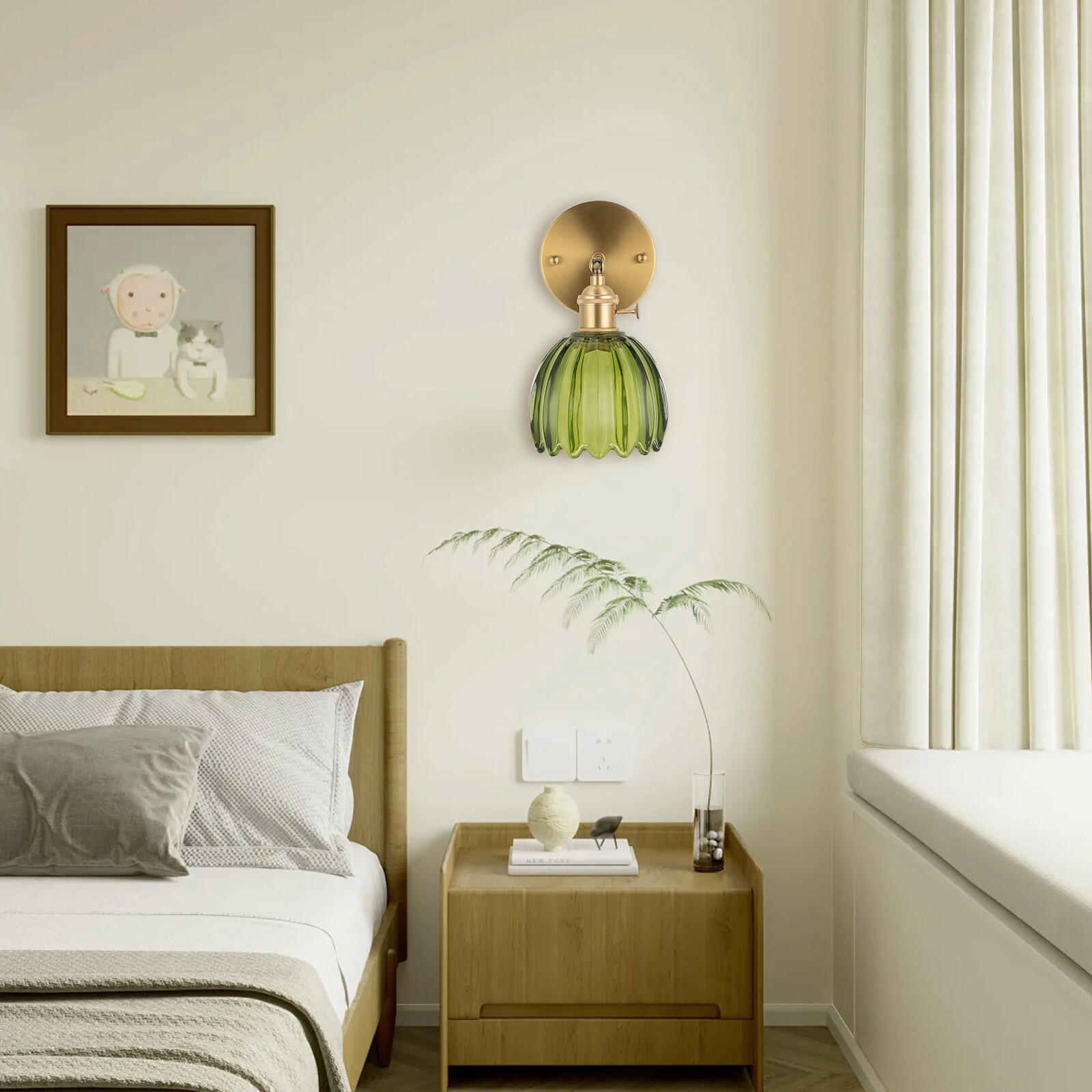 Nordic Green Metal Bedroom Wall Lamp Flower Glass Shape Wall Sconce Light USA