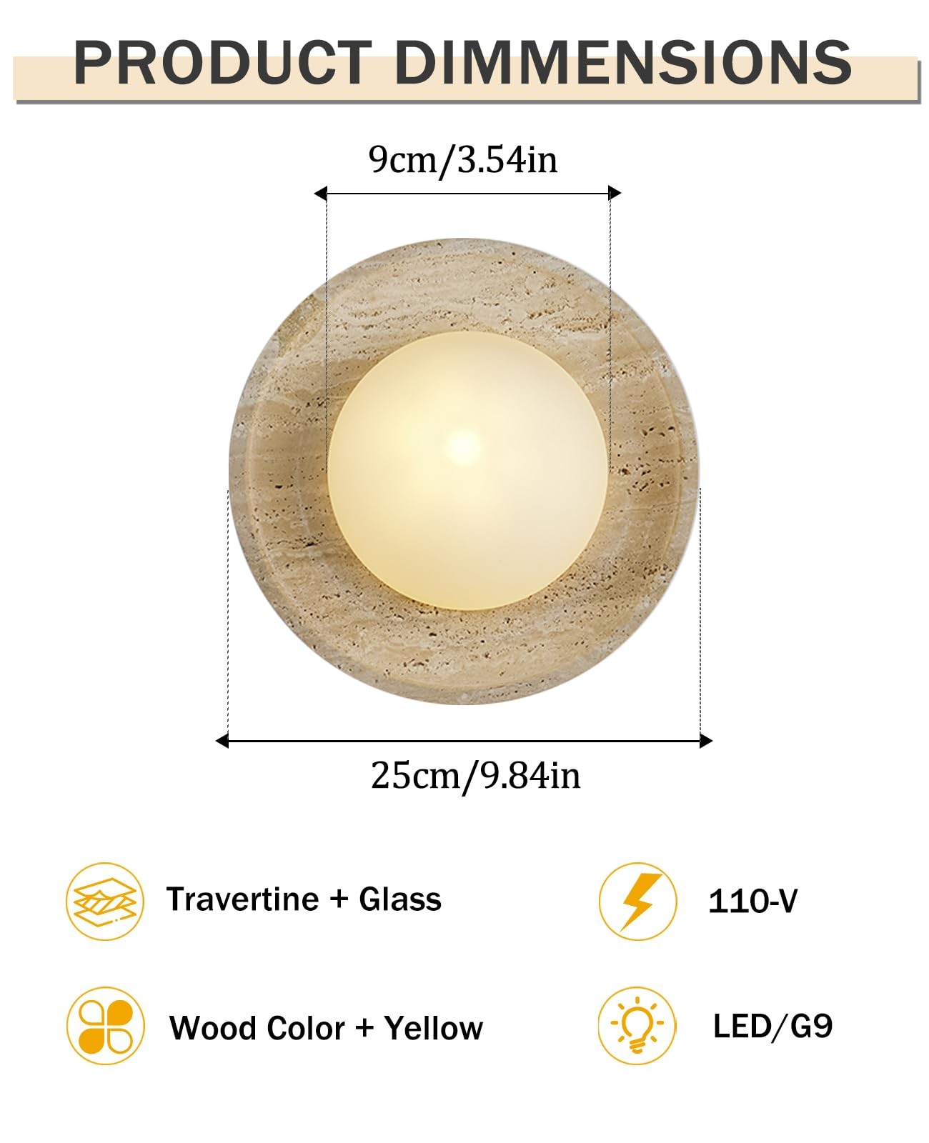 Yellow Travertine Wall Sconce 9.8″ Natural Retro Stone Wall Sconces with Roun…