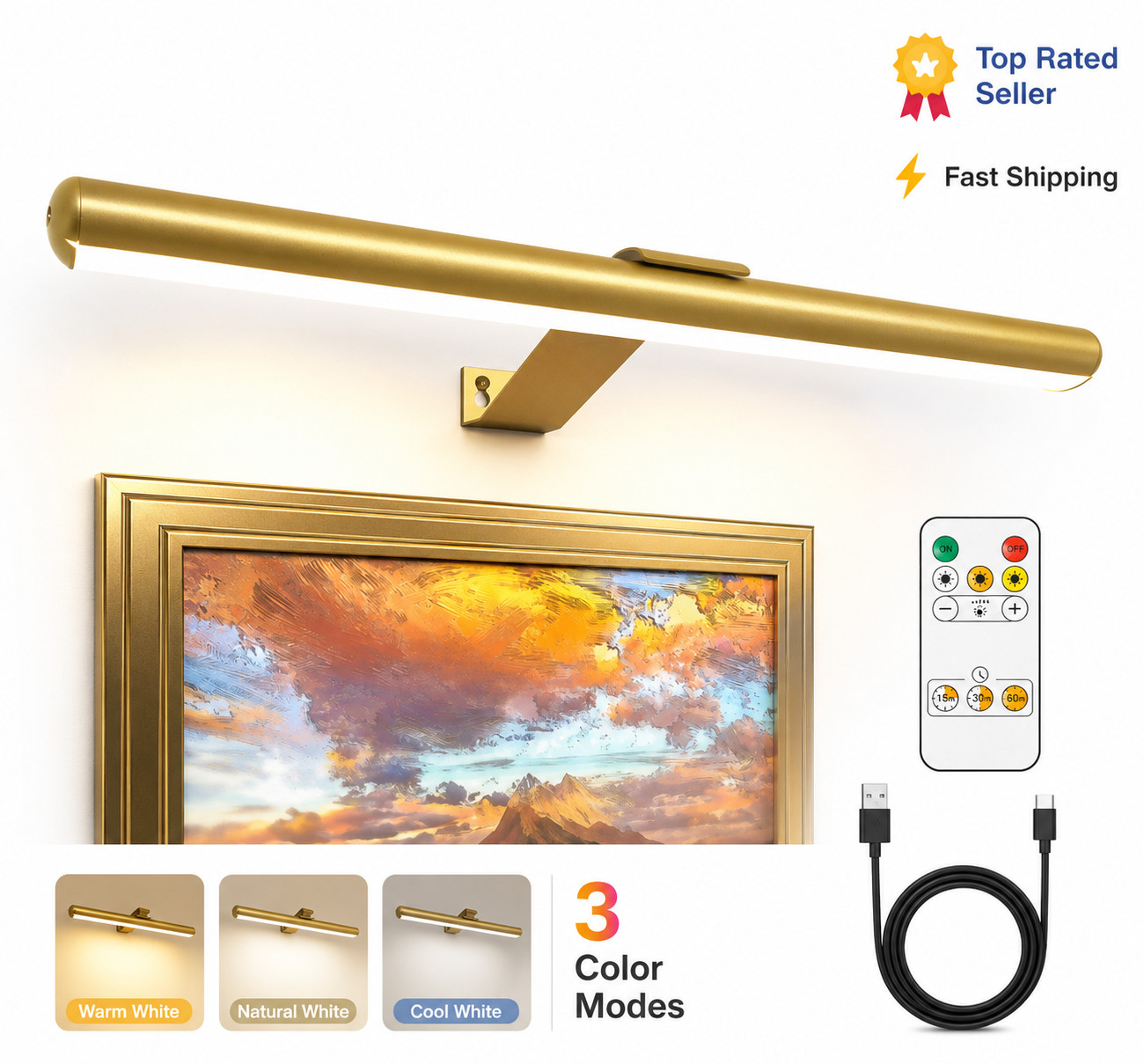 16″ Rechargeable LED Picture Light Remote Dimmable Art Display Lamp
