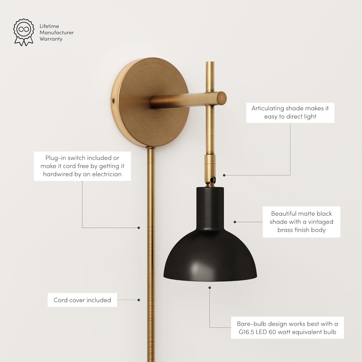 Tamlin Vintage Brass & Black Wall Light Sconce with Switch for Any Room