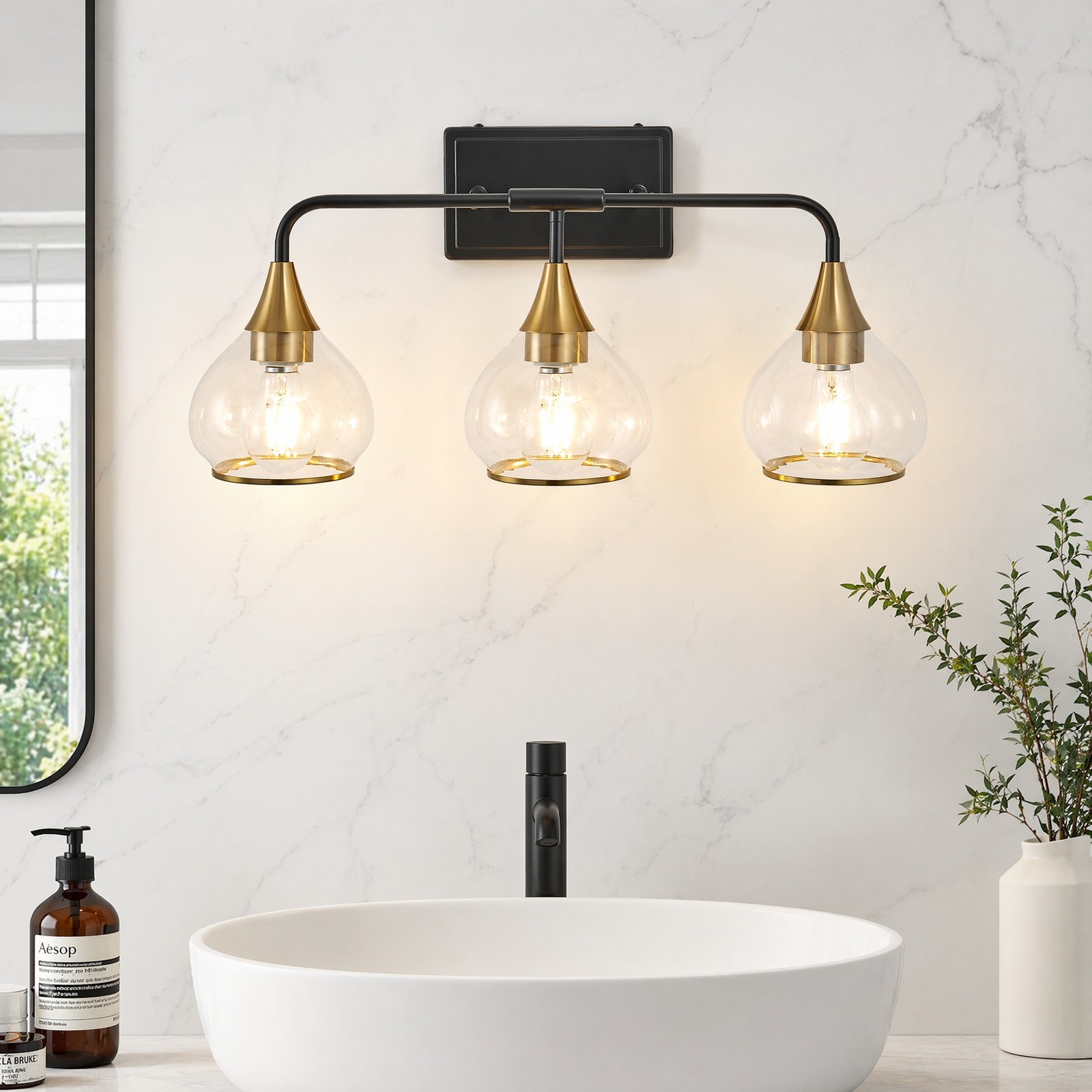 23 in 3 Light Black Gold Glass Shade Vanity Bathroom Mirror Wall Sconce Fixture