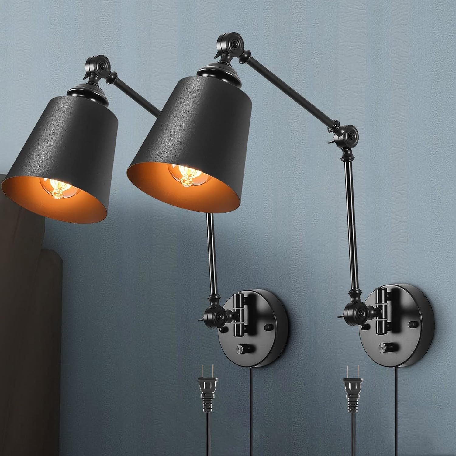 DIMMABLE Swing Arm Plug in Wall Lamps Set of 2, Plug-In Wall Sconce with Dimmer
